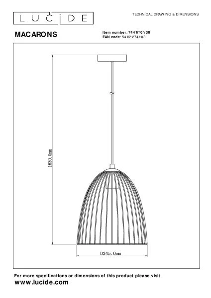 Lucide MACARONS - Suspension - Ø 24,5 cm - 1xE27 - Noir - technique